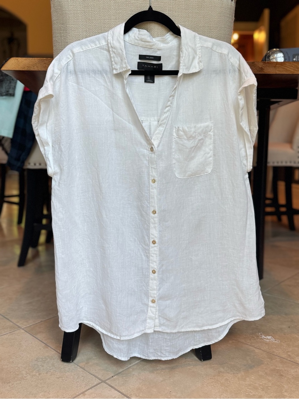 Tahari White Linen Shirt with Black Label. Oversized Swim Cover